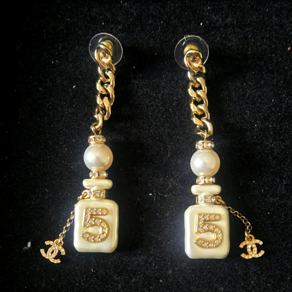 Chanel 2022 Faux Pearl & Strass N°5 CC Drop Earrings